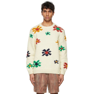 The Elder Statesman Flower-jacquard Organic-cotton Sweater In Neutrals
