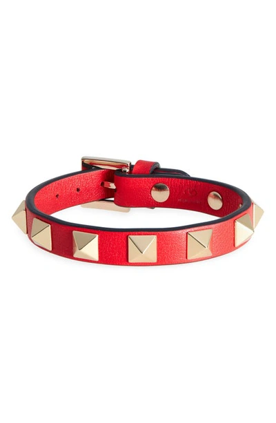 Valentino Garavani Garavani Rockstud Leather Bracelet In Rouge Pur