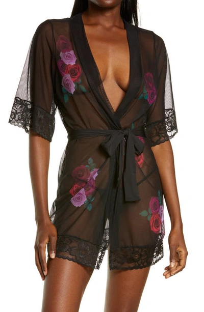 Mapalé Floral Print Mesh Robe With Thong In Black Prints