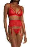 Mapalé Lace Bralette, Thong And Garter Belt In Red