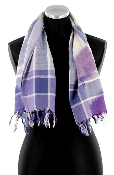 La Fiorentina Checkered Print Fringe Trim Scarf In Blue