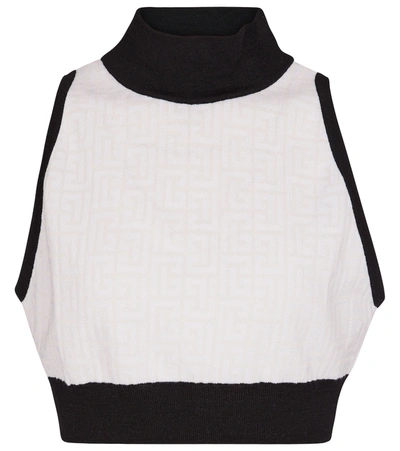 Balmain Cropped Two-tone Jacquard-knit Wool-blend Top In White