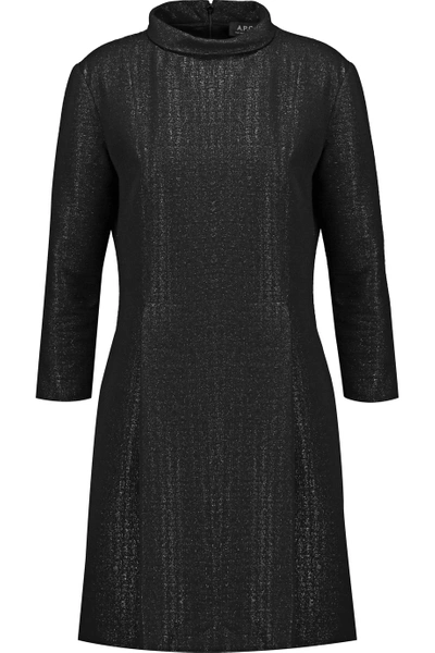 Apc Woman Metallic Pleated Tweed Turtleneck Dress Black
