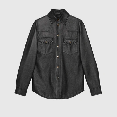 Gucci Leather Shirt With  Logo In Brown