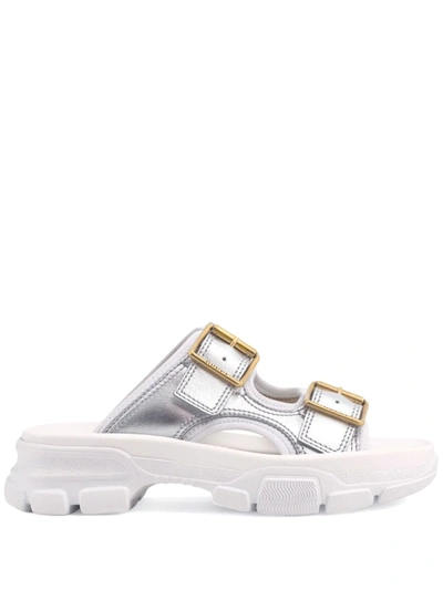 Gucci Metallic Leather Slippers In Bianco