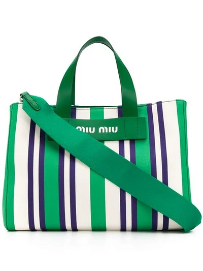 Miu Miu Striped Logo Tote Bag In Verde