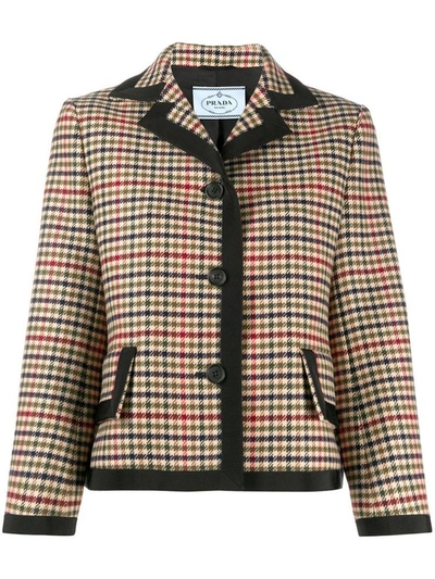 Prada Cropped Checkered Buttoned Jacket In Navy