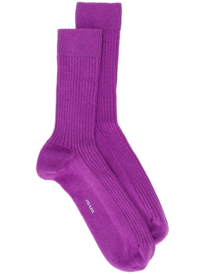 Prada Ribbed Logo Socks In Purple