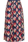 Gucci Pleated Printed Silk-twill Midi Skirt In Navy