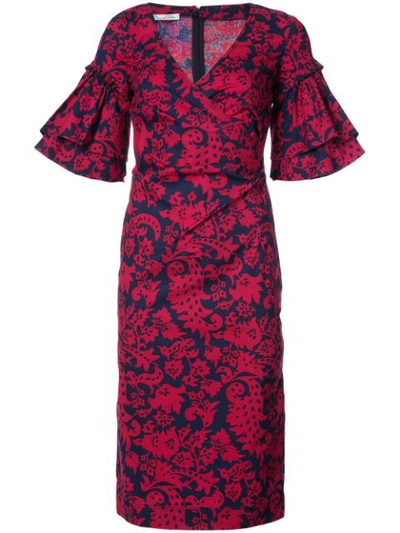 Oscar De La Renta Ruffle Sleeve Brocade Print Dress In Red