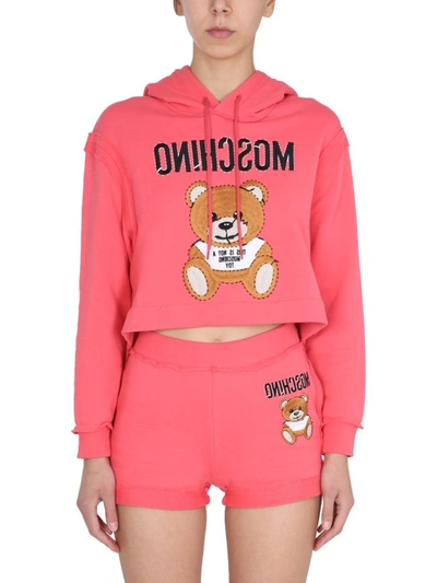 Moschino Teddy Cropped Hooded Sweatshirt In Pink