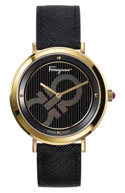 Ferragamo Logomania Leather Strap Watch, 36mm In Black