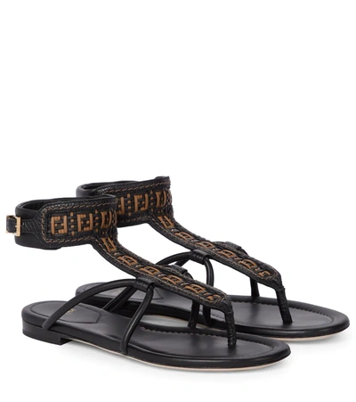 Fendi Ff Interlace Leather Thong Sandals In Black