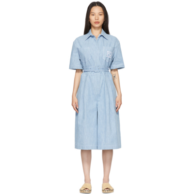 Fendi Belted Cotton Chambray Jumpsuit In Blue,light Blue