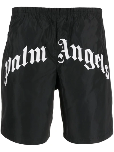 Palm Angels Black Curved Logo Swim Shorts In Nero