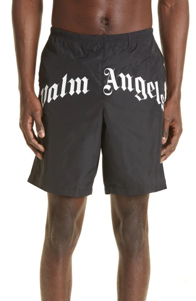 Palm Angels Black Curved Logo Swim Shorts In Black&white