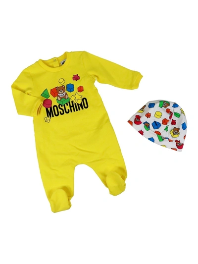 Moschino Babies' Teddy Bear Stretch Cotton Romper With Hat In Yellow