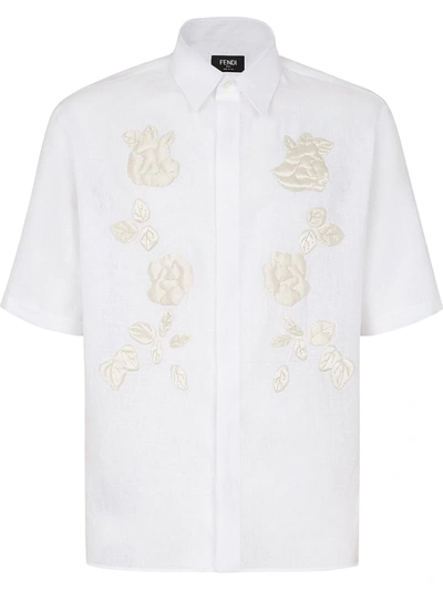 Fendi Floral Embroidered Short-sleeve Shirt In Blanc