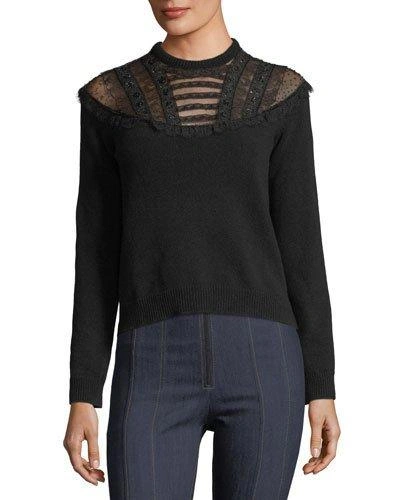 Valentino Pop-flower Embroidered Wool-cashmere Sweater In Black