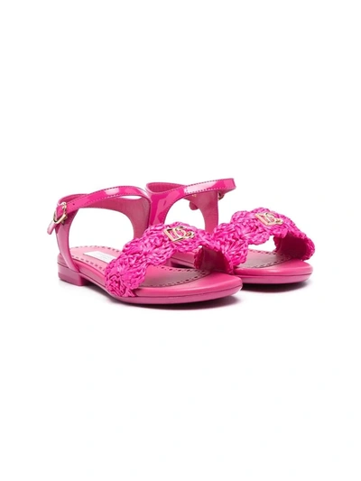 Dolce & Gabbana Kids' Woven Raffia Ankle-strap Sandals In Pink