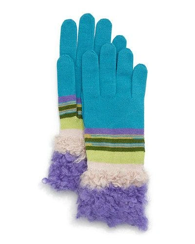 Missoni Fuzzy Striped Knit Gloves In Blue/cream