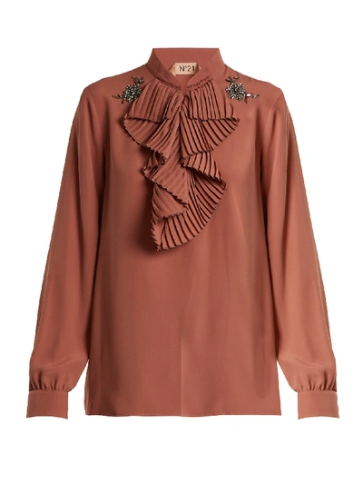 N°21 Ruffle-front Long-sleeve Silk Shirt W/ Embellishments In Dark Pink