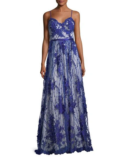 Catherine Deane Sleeveless Beaded Lace Gown In Blue