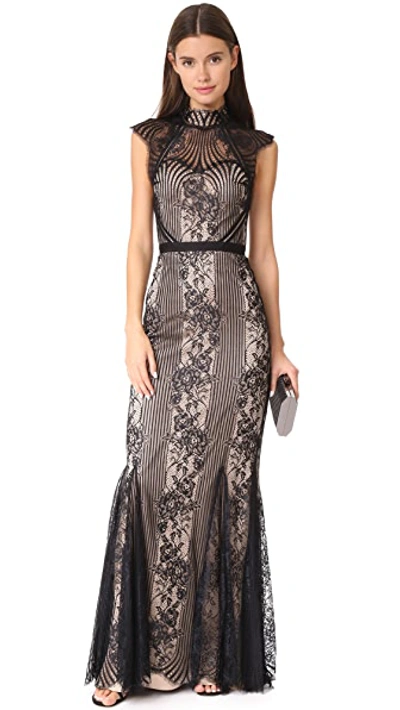Catherine Deane Cap-sleeve Mock-neck Lace Gown In Black/almond