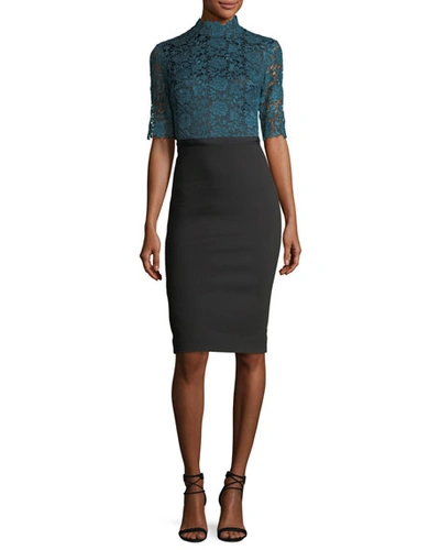 Catherine Deane Half-sleeve Lace & Crepe Cocktail Dress In Teal