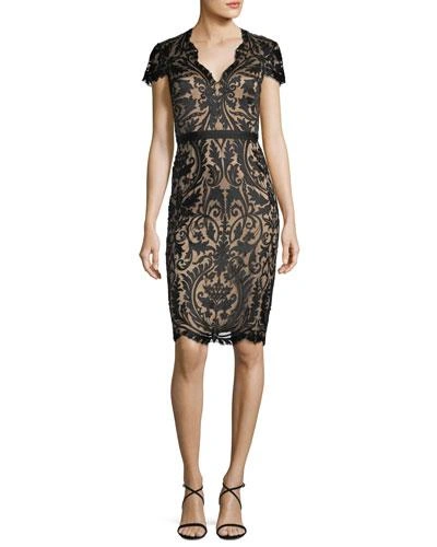 Catherine Deane Cap-sleeve Lace Cocktail Dress In Black