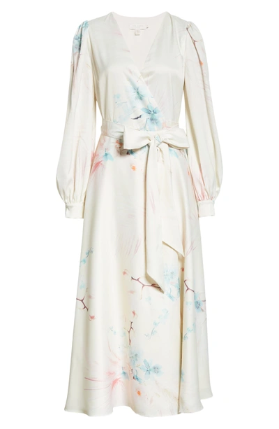 Ted Baker Floral Wrap Long Sleeve Midi Dress In Natural