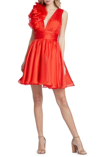 Mac Duggal Corsage Detail Shirred Skater Dress In Red