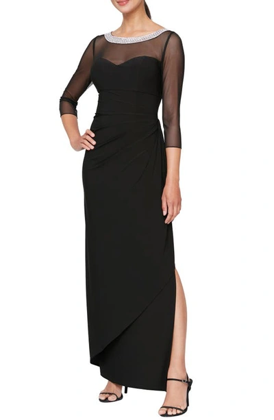 Alex Evenings Illusion Embellished Detail Jersey Gown In Black