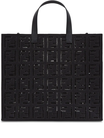 Fendi Logo-embroidered Leather-trimmed Cotton-canvas Tote In Black