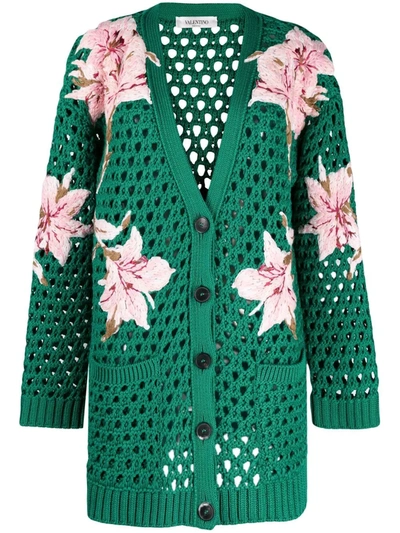 Valentino Green Floral-embroidered Open-knit Cardigan