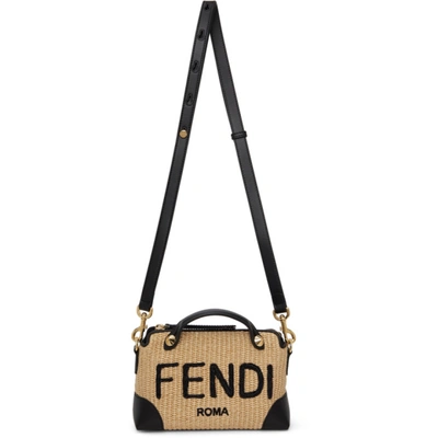 Fendi Mini By The Way Logo Leather-trimmed Raffia Satchel In Beige