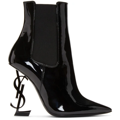 Saint Laurent Opyum Logo-heel Patent-leather Ankle Boots In Black