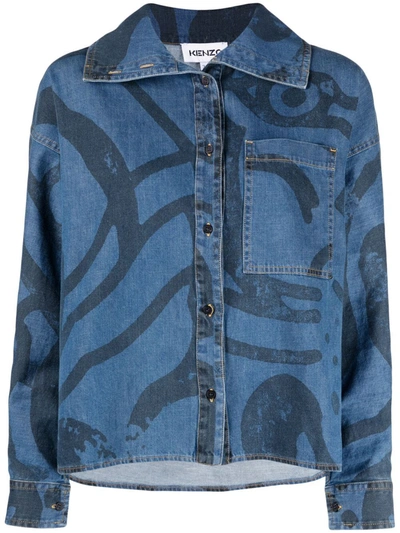 Kenzo K-tiger Print Denim Shirt In Blue