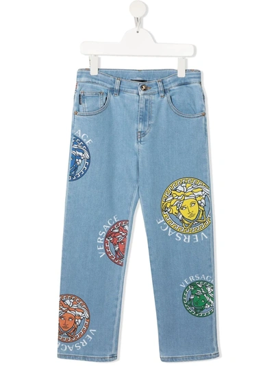 Versace Teen Medusa Print Straight-leg Jeans In Blue Multi