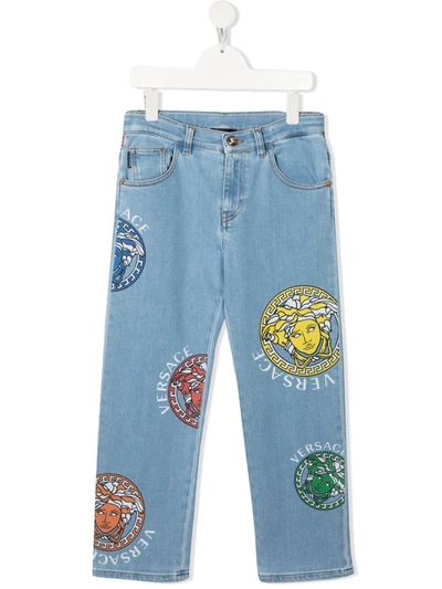 Versace Kids' Medusa 印花直筒牛仔裤 In Blue Multi