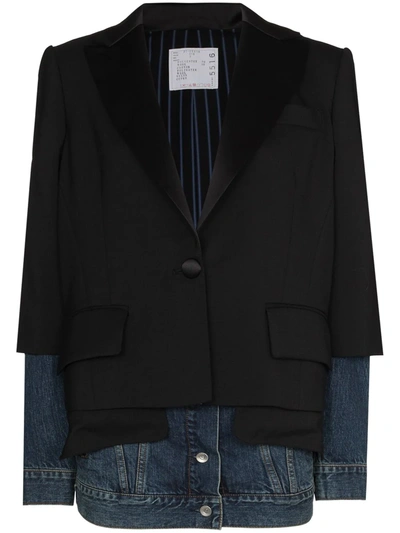 Sacai Hybrid Double Layer Blazer Denim Jacket In Black,blue