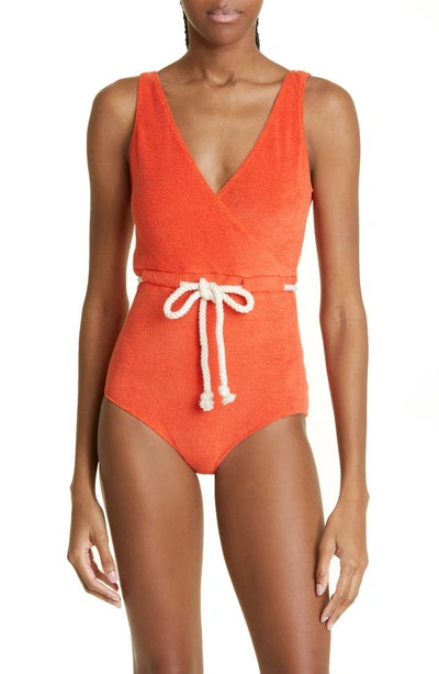 Lisa Marie Fernandez Yasmin Wrap-effect Cotton-blend Terry Swimsuit In Tomato Terry