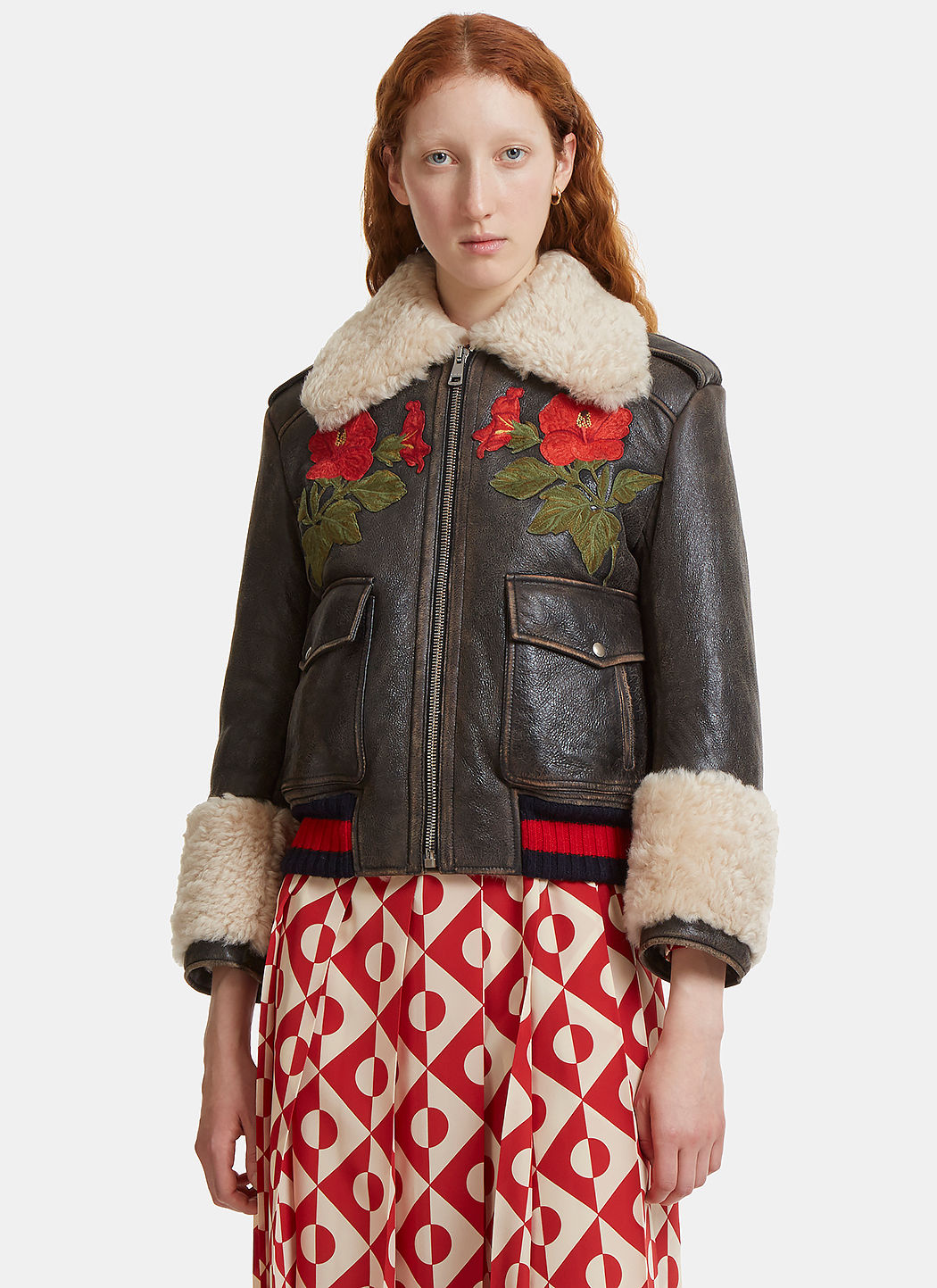 Gucci Flower Embroidered Shearling Leather Jacket In Brown ModeSens