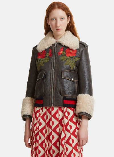 Gucci Flower Embroidered Shearling Leather Jacket In Brown