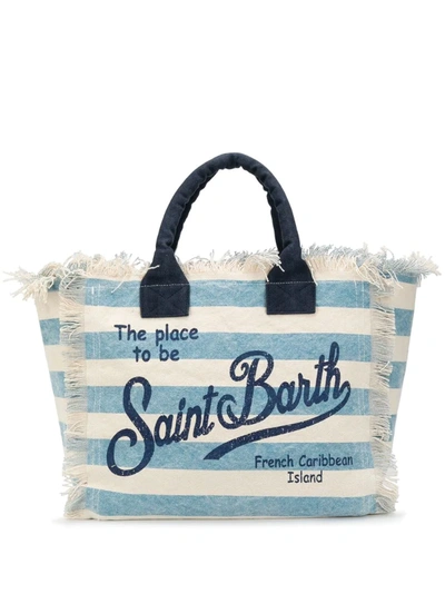 Mc2 Saint Barth Striped Logo Print Beach Bag In Blue