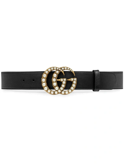 Gucci Leather Belt With Pearl Double G In Nero/cream