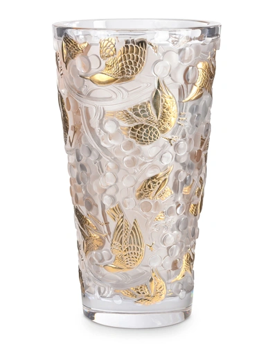 Lalique Merles & Raisins Large Gold Stamped Vase, Numbered Edition