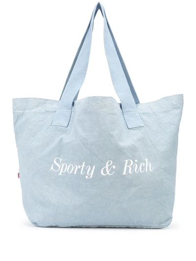 Sporty And Rich Logo-print Cotton Tote Bag In Blue