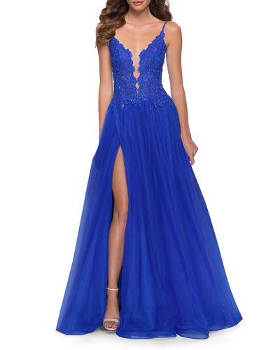La Femme Floral Embroidered Illusion Plunge Tulle Ballgown In Blue