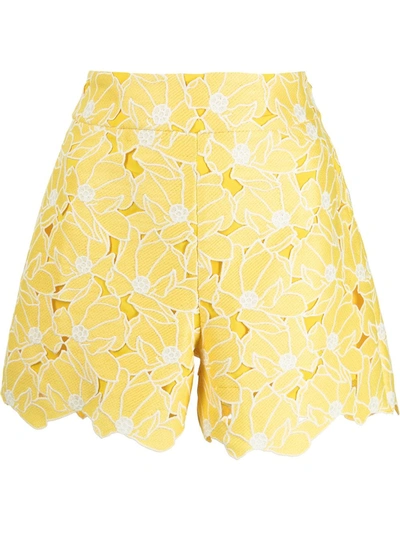 Milly Marley Tropical Lily Embroidered Shorts In Yellow